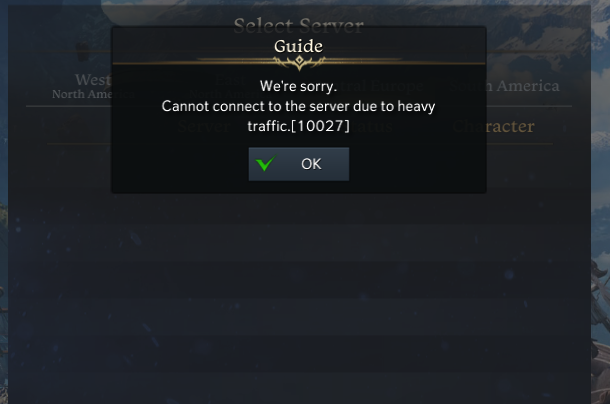 Error 10027 being shown when trying to enter EU Thirian server in Lost Ark.