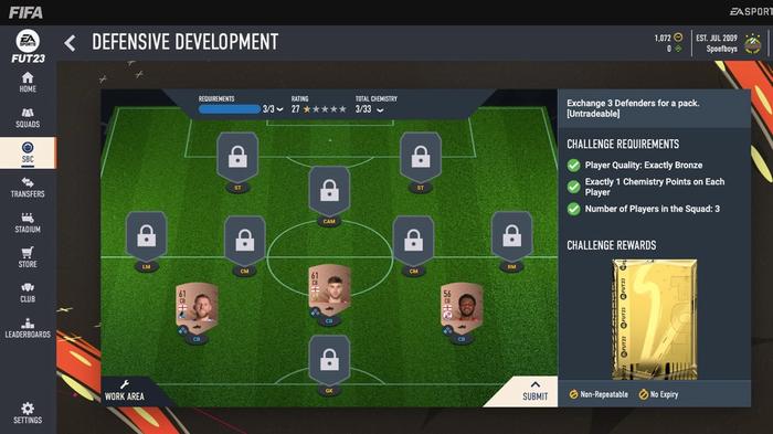 Image of the Foundations 3 Defensive Development SBC in FIFA 23.