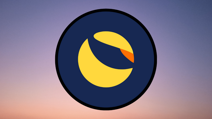 Terra Luna cryptocurrency logo on purple orange background.