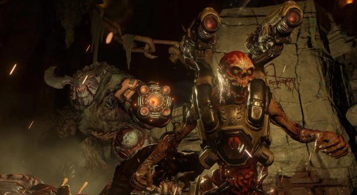A demon from DOOM (2016) decked out in armour attacks.