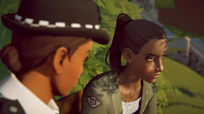 A screenshot from Last Stop showing a character in conversation with a female Police officer on a park bench.