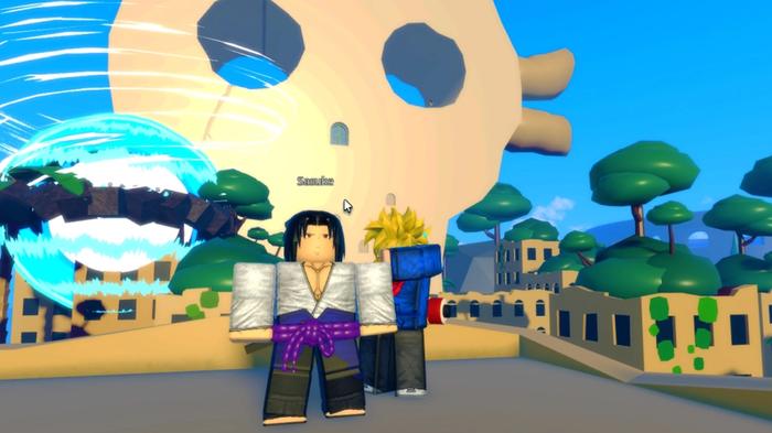 Screenshot from Anime Tales, showing two Roblox characters in front of a skull decoration