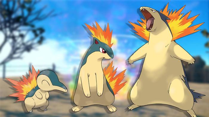 Cyndaquil, Quilava, and Typhlosion from the Pokemon videogames.