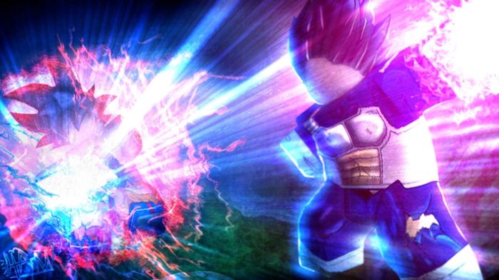 Image from DBZ Adventures Unleashed, showing two Roblox avatars facing off