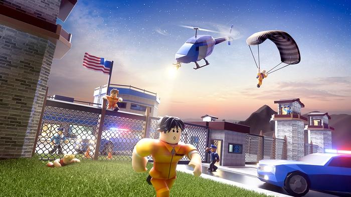 Image of a character fleeing prison from the Jailbreak game in Roblox.