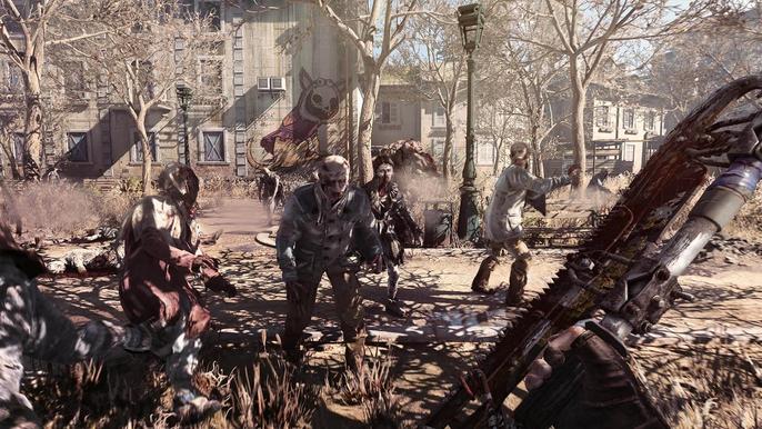 Dying Light 2. Aiden is facing a horde of infected monsters while holding a chainsaw-like weapon
