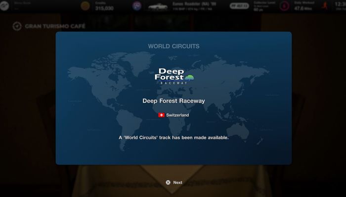The unlock screen for Deep Forest Raceway in Gran Turismo 7