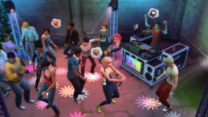 Sims 4 Get Together. A group of Sims clubbing to a live DJ.