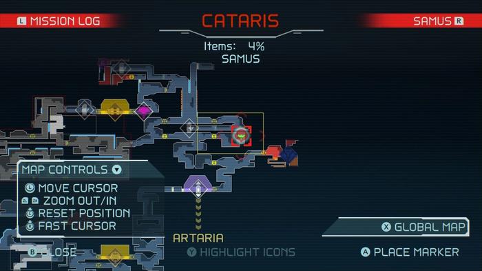 A map of Cataris in Metroid Dread, showing the hidden block wall to the left of the starting elevator area.
