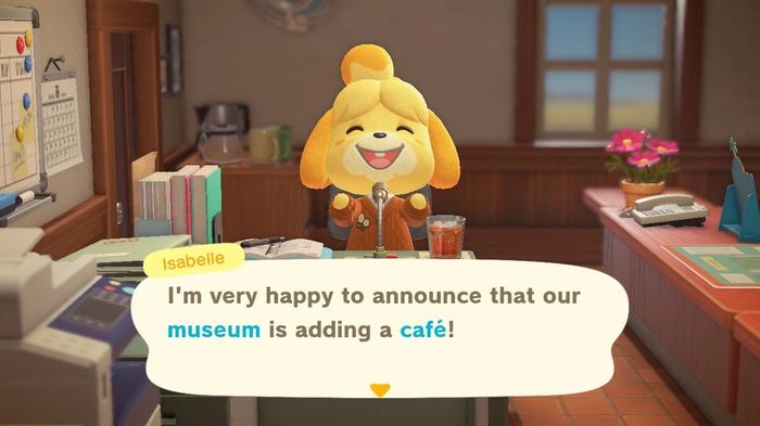 Isabella announcing that the museum will be adding the Roost café in Animal Crossing: New Horizons.