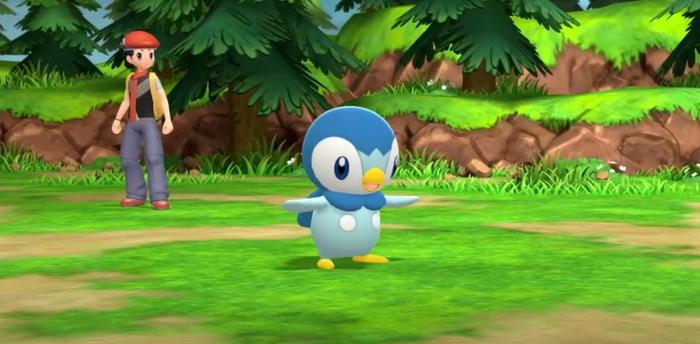 A Pokémon Trainer sends out their Piplup for battle in Pokémon Brilliant Diamond and Shining Pearl.
