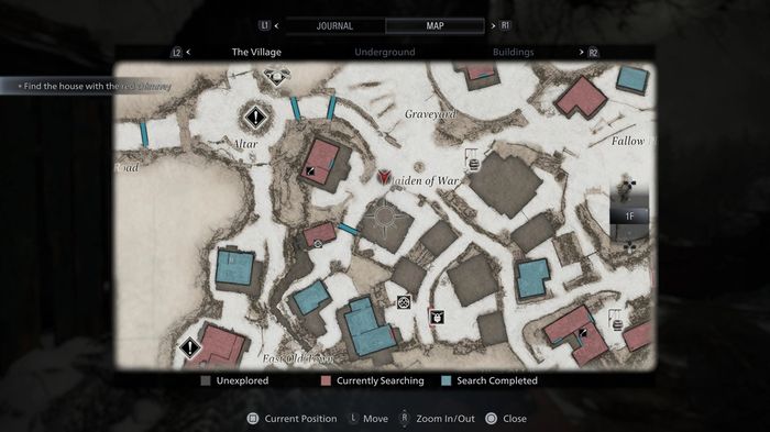A map showing the location of the house with the red chimney in Resident Evil Village.