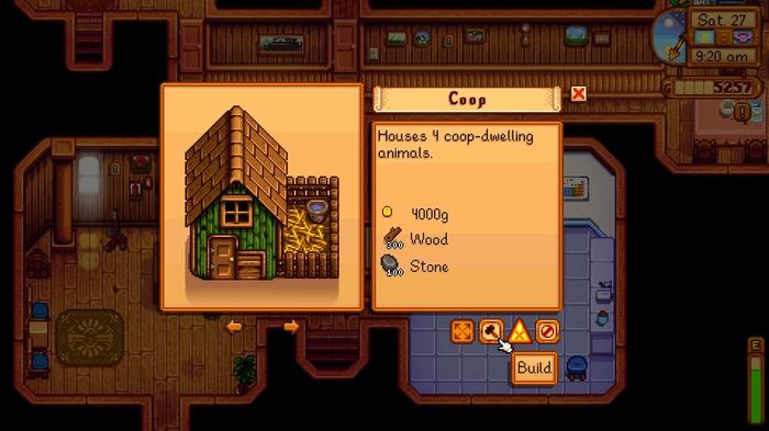 Stardew Valley. The Carpenter's menu shows a basic coop. The image shows that the coop will cost 4000G, 100 Stone and 300 wood pieces. The cursor is hovering over the "build" option. 