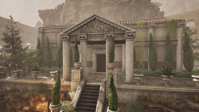 The Forgotten City. Malleolus's Villa from the outside. The villa is a grand building with columns and large above the front door with carvings engraved in the roof. There are steps leading up to the main door and trees.