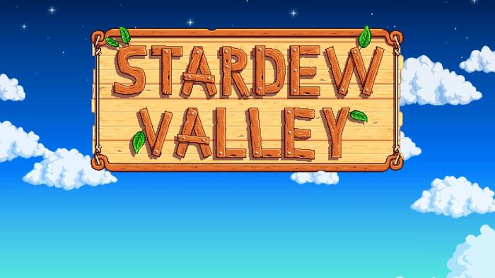 Stardew Valley Title Screen Logo. The image shows the words stardew valley, they have been made out of individual pieces of wood. There is a blue sky with white fluffy clouds in the background.