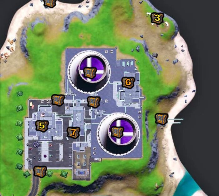 Location of all the chests at Steamy Stacks in Fortnite (Image via Fortnite.gg)
