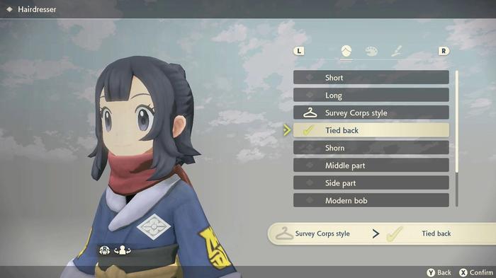 A list of hairstyle customisation options for the Pokémon Trainer character in Pokémon Legends: Arceus.