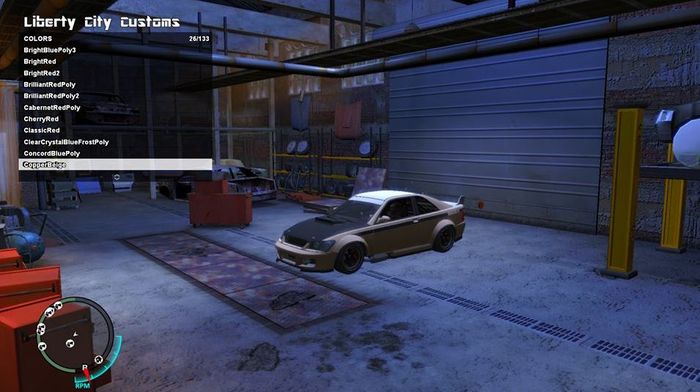 A car is in an autobody shop, and the player is picking from a list of colours to respray it in GTA 4.