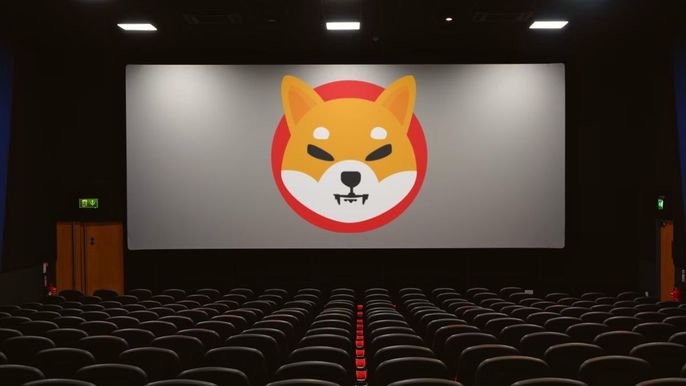 Cinema screen with Shiba Inu (SHIB) logo on the screen.