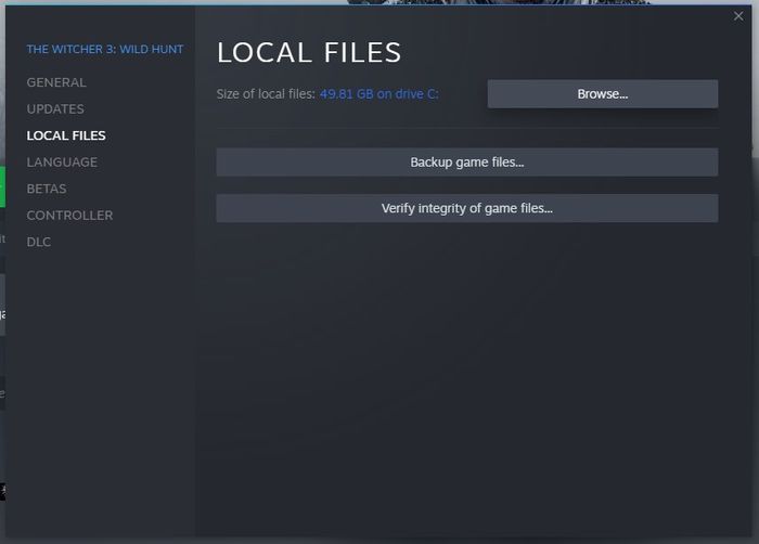 Local game files for The Witcher 3 can be accessed using Steam, as shown.