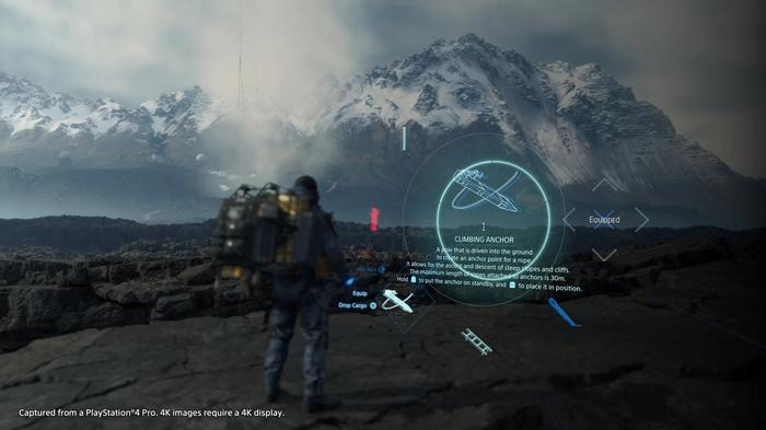 Sam looking at the climbing anchor tool in the Death Stranding menu.