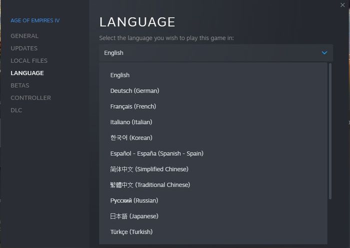 The menu in Steam for changing language in Age of Empires 4.