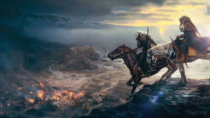 The Witcher 3 Artwork: Geralt, Roach and a mage on horseback overlook a burning city.