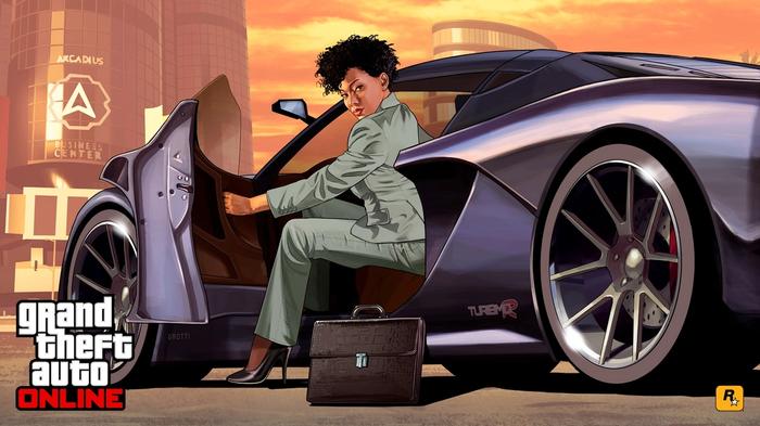 GTA Online Business Official Artwork. A female business professional can be seen getting out of a high-end sports car outside Arcadius Business Center.