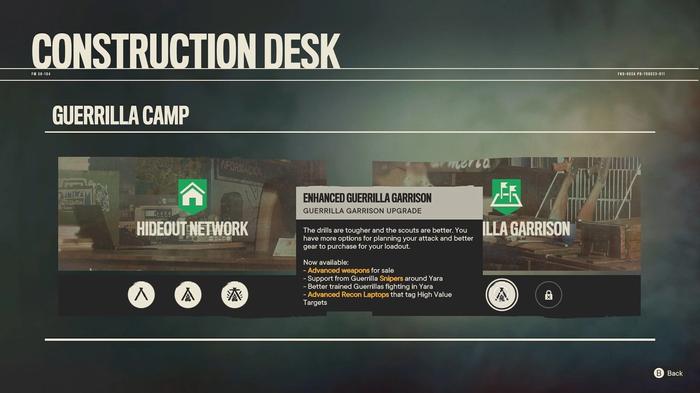 Far Cry 6 Construction Desk where you can build and upgrade your Hideout Network and Guerrilla Garrison.