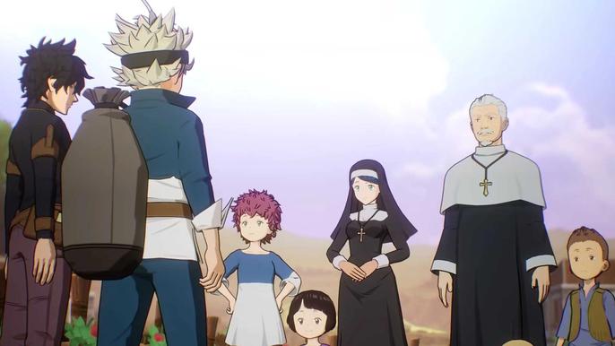 A group of characters speaking together in Black Clover Mobile.