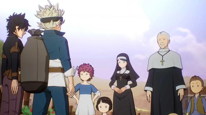 A group of characters speaking together in Black Clover Mobile.