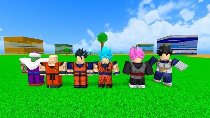 A group of Roblox characters dressed in themed outfits in Dragon Ball Tycoon.