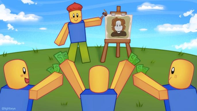 Image of several Roblox characters bidding for a piece of art in Starving Artists.