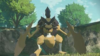 Kleavor of Pokémon Legends: Arceus, who is calmed using Forest Balm.