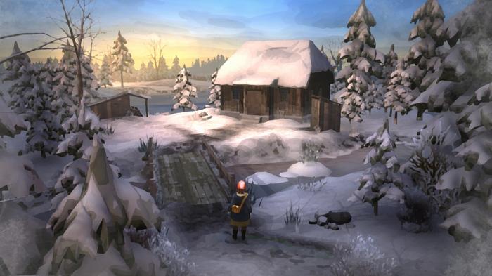 A screenshot from Gerda: A Flame In Winter showing Gerda at the bottom of a path approaching a small seaside hut.