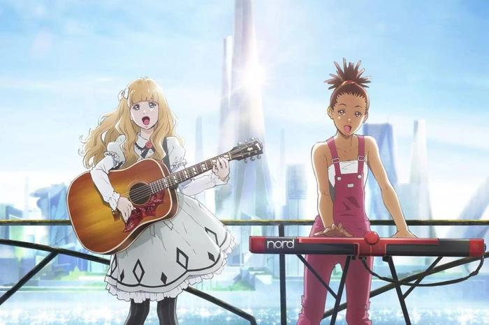 A blonde girl holding a guitar and a black-haired girl with a piano play music together.