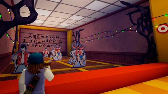 Screenshot from Stranger Things: Starcourt Mall, with Roblox characters interacting with the Upside Down