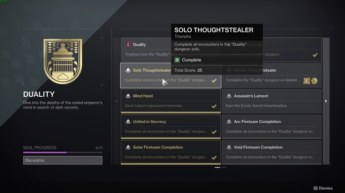 Solo Thoughtstealer Triumph for the Discerptor seal in Destiny 2