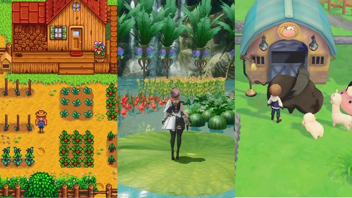 Images of the main character in three farming games