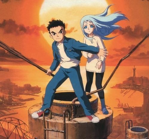 Two young people stand on top of a smoke stack. The boy is holding a stick, while protecting the girl with light blue hair.