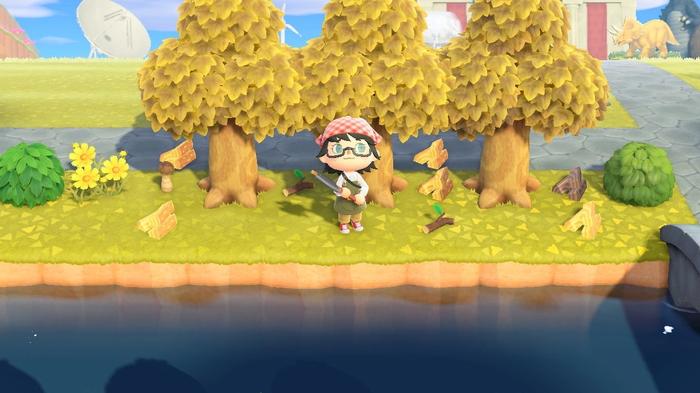 A player stood by trees collecting Wood, Softwood, and Hardwood in Animal Crossing: New Horizons.
