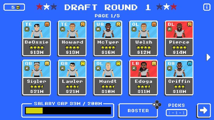 The Retro Bowl draft screen, with prospect players and their star ratings.