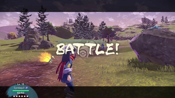 A screenshot of the seamless battle animations employed during battles in Pokémon Legends: Arceus.