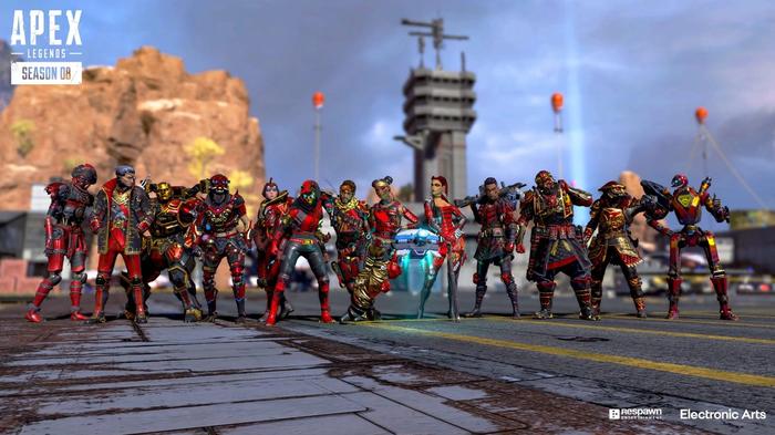 Apex Legends Legends lined up facing the camera. They are all wearing red variants of their outfits