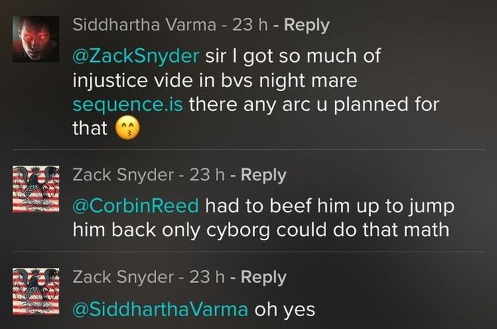 A fan says that Zack Snyder's scene "knightmare" in Batman V Superman gave them 'Injustice Vibes'. Zack Snyder responds with 'oh yes' confirming that there was a relationship between the two.