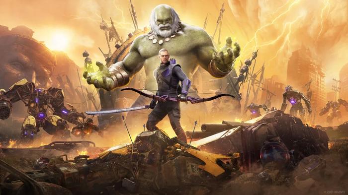 Key art from Marvel's Avengers showing Hawkeye in the foreground, with AIM soldiers and tech and supervillain Maestro behind him.