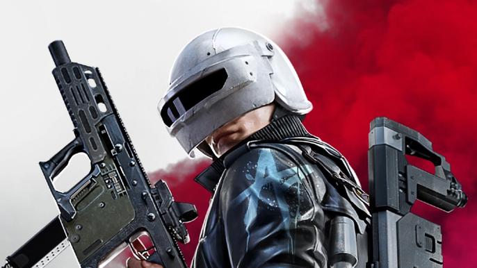 Screenshot from PUBG New State, showing a helmet-wearing character holding a gun