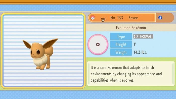 Eevee shown in the Pokédex of Pokémon Brilliant Diamond and Shining Pearl.