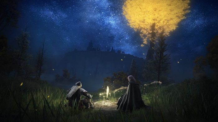 A player and Melina resting at a Site of Grace in Elden Ring.