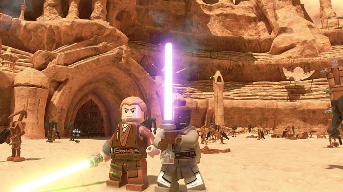 Image of Mace Windu and a custom character in Lego Star Wars: The Skywalker Saga.